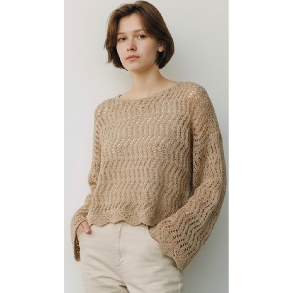 American Eagle Tan Pointelle Knit Sweater Scalloped Hem Boho Beige Size Medium